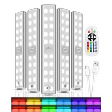 캐비닛 조명 아래 무선 충전식 LED RGB 카운터 아래 바 3팩 48개 15색 온도 조절 및 원격 선반 주방 옷장 침실 포함, 5 pack