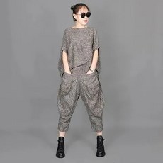 ROYALBELLE 여성 스트라이프 언밸런스 밑단 반팔 티셔츠 7부 등롱바지 캐주얼 세트 Z0052604