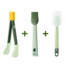 EGOmart 실리콘 주방 요리도구 3종 세트 오일 솔+집게+주걱 키친세트, 그린, 1개