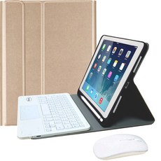 Powerway iPad 9.7吋專用藍牙鍵盤滑鼠皮套五合一，觸控板鍵盤筆槽設計，輕巧便攜，一年保固, 香檳金(白色鍵帽/白色滑鼠)