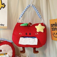 可愛蘋果紙巾袋 家居宿舍收納掛袋 手提臥室車載紙巾盒 壁掛式紙巾盒, 蘋果瓣瓣-大盤藍色格子掛繩,軟糯好rua-大口徑取紙不易卡, 1個