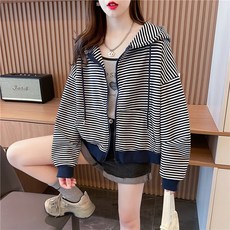 ORZQU 여성 봄철 고급 후드 맨투맨 골지 루즈핏 코트