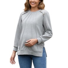 DEBELLY 임산부 스웨트셔츠 긴소매 버튼 사이드 스플릿 가을 임산부 상의 여성용 플리츠 프론트 블랙. XL, 다크 그레이