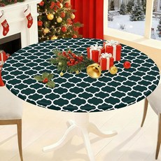 Smiry 원형 피크닉 식탁보 방수 탄성 장착 테이블 커버 144.8~172.7cm(57~68인치) 테이블용 닦을 수 있는 플란넬 뒷면 비닐 식탁보 캠핑 실내 실외용, 헌터 그린 & 화이트