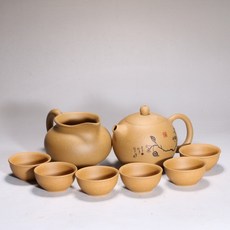 手工(卡口一粒珠) 正宗宜興紫砂壺 原礦黃金段泥(有證書), 一套6杯加公道杯黃金刻鳥200毫升球孔, 1個