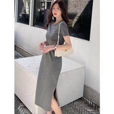 莫代爾連衣裙 夏季 短袖過膝開叉氣質休閒長裙, 灰色 【優質莫代爾面料】,S 建議40.0-50.0公斤, 灰色