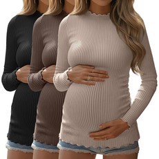 Huukeay 여성용 임산부 셔츠 골지 니트 면 임산부 상의 긴소매 모크넥 기본 튜닉 가을 의류 3팩 라떼 브라운 블랙 XXL