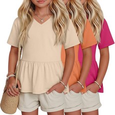 LessonZoo 3팩 여아용 반소매 셔츠 브이넥 페플럼 베이비돌 튜닉 티 캐주얼 블라우스 러플 밑단 5~14세 로즈 레드 오렌지 옐로우 살구107477