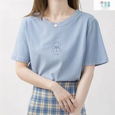 【廷選】日系簡約風 小清新穿搭・文青女孩・夏日清爽感・少女感上衣・含棉T恤・百搭・ins・穿搭靈感・印花・夏日清爽, 1個, 藍色,XL【※請參考尺寸表】