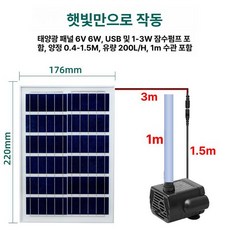 태양광 펌프 어항 순환 산소펌프 펌핑 수중 물순환, 6W 패널+5V 잠수 펌프+1m, 1개, 1W