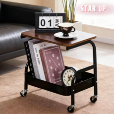 STAR UP 이동식 트롤리 원목 2단 사이드 테이블 정리 선반, 블랙