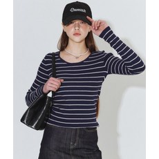 [다미쉬] 라운드 넥 스트라이프 리브드 니트_네이비
