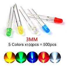 100-500 PCS 3mm 5mm LED 다이오드 모듬 키트 흰색 녹색 빨간색 파란색 노란색 LED 발광 다이오드 전자 키트 표시, 5colour 3mm 500pcs 1
