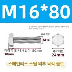 스테인리스 외부 육각 나사 A2 볼트, 1개, 16 x 80