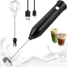 XSBAIHUO 휴대용 우유 거품기 - 강력한 전기 우유 폼 메이커 스테인리스 스틸 거품기 2개 커피 라떼 카푸치노 말차를 위한 충전식 3가지 속도, Black