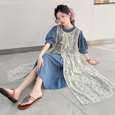 兒童蕾絲刺繡印花罩衫藍色長裙兩件套連衣裙
