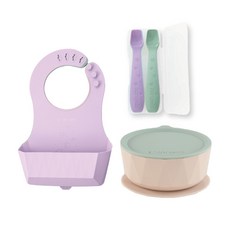 2angels 矽膠吸盤碗 副食品學習碗 附2入湯匙外出盒 寶寶餐具, 1個, 碗(夏葉綠)+飯兜(薰衣草紫)+湯匙