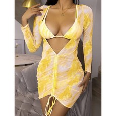 야옹야옹Beachwear 섹시한 여성 넥타이 염료 세 조각 비키니 세트 새로운 붕대 Backless 수영복 긴 소매 Drawstring 태양 보호 커버 최대, 노란색, L