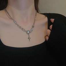 아이루리 영롱 구슬 믹스 사슬 체인 언발 목걸이 써지컬스틸 써지컬목걸이 별빛 두줄체인, 실버