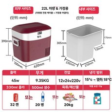 차량용 소형 냉장고 냉동 캠핑 야외 소풍, 22L 레드 차량 가정용, 1L