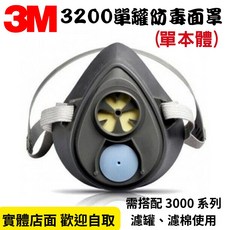 3M 3200 半面單罐式防毒面具，防塵防有機氣體異味，單罐式設計更換方便, 1個, 3200(單本體)