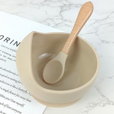 硅膠吸盤碗蝸牛碗兒童飯碗食品級嬰兒輔食碗餵養寶寶訓練碗勺套裝, 1個, 米白(蝸牛碗+木勺):如圖