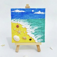 海洋石英砂畫DIY材料包-薄荷海岸 15x15cm畫布含顏料、貝殼 簡單好上手 立體感肌理畫, 1個, 薄荷海岸
