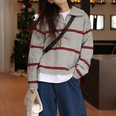 에쥬아 반지업 털 맨투맨 스트라이프 니트 풀오버