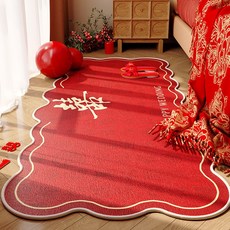 DIU 結婚牀邊地墊橢圓形婚房佈置防滑腳墊子婚禮紅色喜慶裝飾喜字地毯, 1個, 雙喜愛心地墊-異形