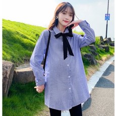 BABYSHARE 時尚孕婦裝 領結可拆長板長袖哺乳襯衫 孕期哺乳兩穿 條紋上衣 藍色 粉色