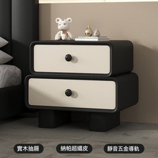 免安裝奶油風實木皮質兒童床頭收納櫃, 黑色配白色