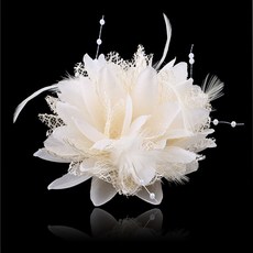 韓版布藝網紗羽毛胸花胸針串珠頭飾髮飾手腕花多用晚會胸花頭飾EHG6, 米色2朵價格, 1個