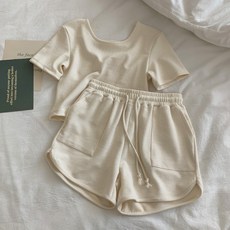 修身簡約運動套裝女 夏季鬆緊腰短褲 緊身短袖T恤兩件套休閒女裝