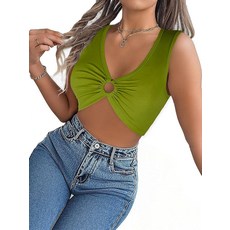 COOUFE 여성용 탱크 탑 섹시 딥 브이넥 민소매 셔츠 Y2k 나이트 아웃 크롭 탑 링 포함 블랙. XL, Grass Green