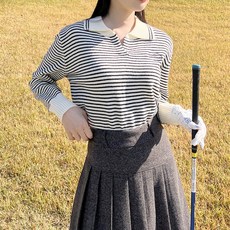 [MM運動]女款秋冬翻領條紋高爾夫大學T針織衫