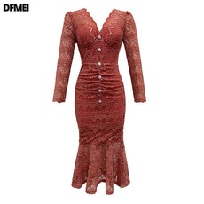 DFMEI 기품있는 허리 조임 슬림핏 랩 레이스 머메이드 원피스 미디스커트 20020