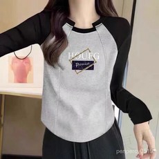 限時下殺 爆款2024秋季新款修身長袖T恤撞色內搭上衣字母印花拚接打底衫春秋季顯瘦新款小眾女士T恤長袖上衣打底潮 6M