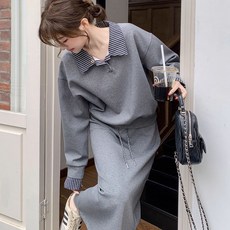 여성용 니트 조끼 투피스 원피스 세트 캐주얼 우아한 롱니트 데일리 스웨터 스커트