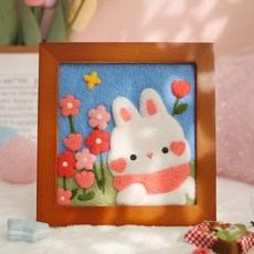 羊毛氈戳戳樂相框畫手工DIY材料包 趣味裝飾擺掛兩用, 花朵兔兔【送工具+相框】, 1個