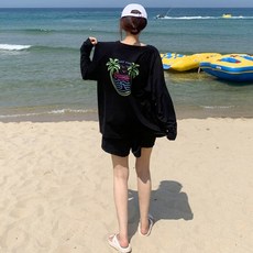 애플망고옷장 여름 빅사이즈 긴팔 서프 하와이 레쉬가드 오버핏 수영복, 블랙