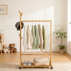쿠리브 이동식 행거 시스템 대나무 스탠드 옷걸이행거, 원목색