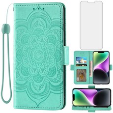 Asuwish 아이폰 14 플러스 6.7인치 지갑 커버 강화 유리 액정보호필름 및 플립 신용 카드 홀더 스탠드 휴대폰 14+ 14플러스 5G i i14 + 여성용 그린