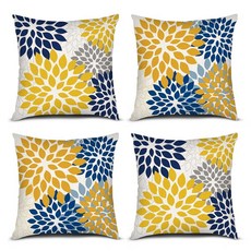 PICKFORU 옐로우 블루 장식용 쿠션 커버 4개 세트 45.7 x 45.7cm(18 18인치) 플라워 달리아 기하학적 패턴 베개 소파 거실용 모던 플로럴 808611, PICKFORU 옐로우 블루 장식용 쿠션 커버 4개 세