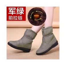 雪靴女中筒雪地靴，防滑防水加絨保暖，大尺碼冬季戶外登山防寒女鞋, 軍綠色
