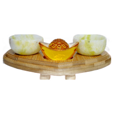 【168開運坊】供奉紫南宮金雞/貔貅/虎爺 專用玉石供杯*2 孟宗竹底座 特贈元寶, 綠色, 黃色, 白色, 黑色, 1套