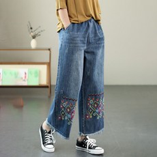 여성 청바지 밴딩 하이웨스트 자수 와이드 9부 팬츠 빅사이즈 CIILLNY