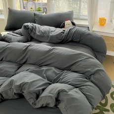 솔리드 침대 린넨 코튼 침구 세트 4pcs 시트 이불 커버 Pillowcases 싱글 커플 트윈 사이즈, Queen size 4pcs, Dark Gray