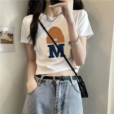 印花短袖 設計感高腰T恤 夏季修身露臍上衣