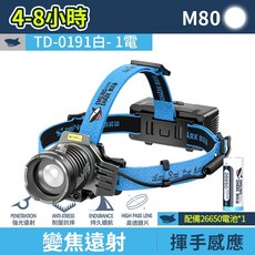 微笑鯊正品 TD0191 變焦感應頭燈】LED強光遠射頭燈，具備紅藍警示燈，適合夜釣與露營, 1個, 【1電】微笑鯊 TD-0191