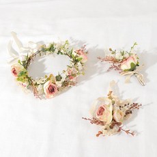 BeautifulDecoSense 花冠 + 4公分花朵手鍊 + 胸花套組, 自然風花冠